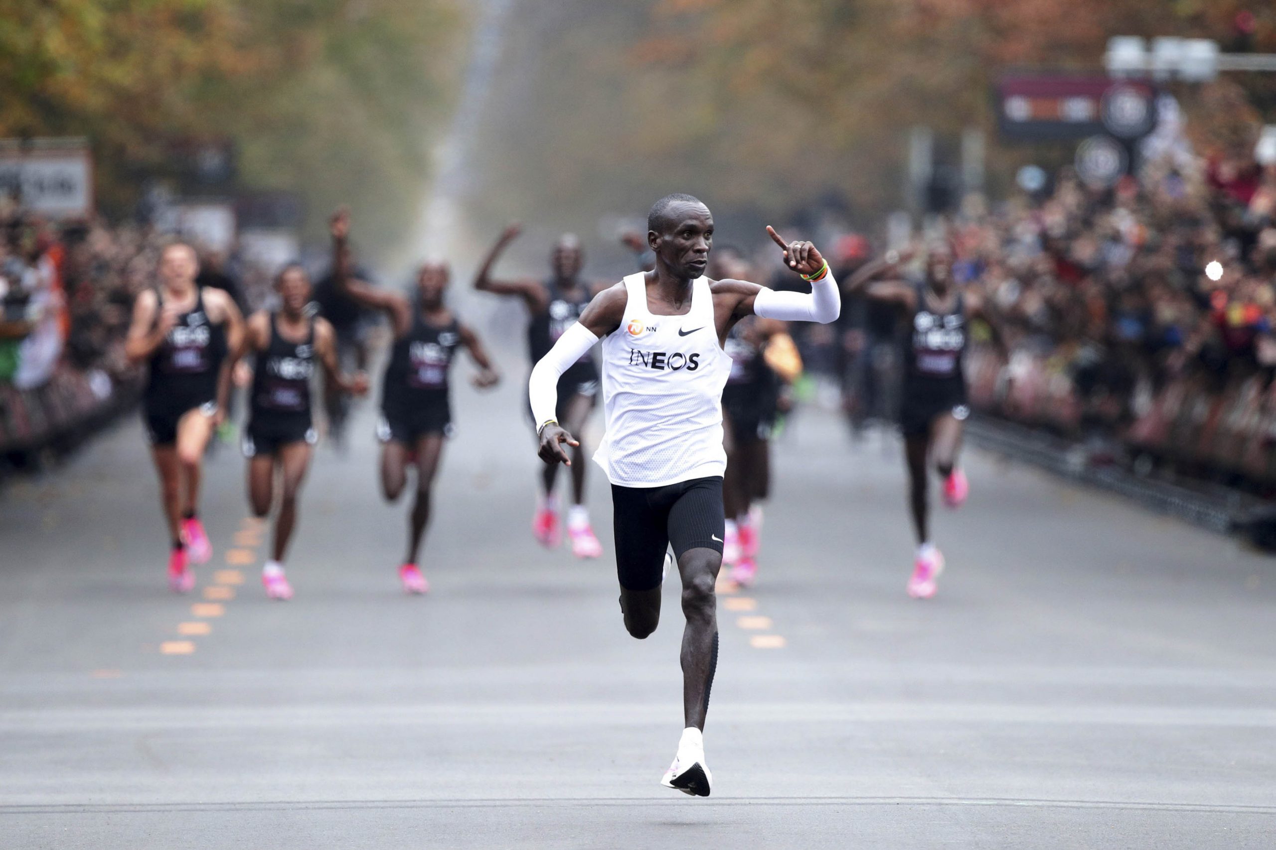 Kenya's Eliud Kipchoge, the marathon world record holder, celebrates as he successfully completes his attempt to run a marathon in under two hours in Vienna, Austria, October 12, 2019. REUTERS/Lisi Niesner
